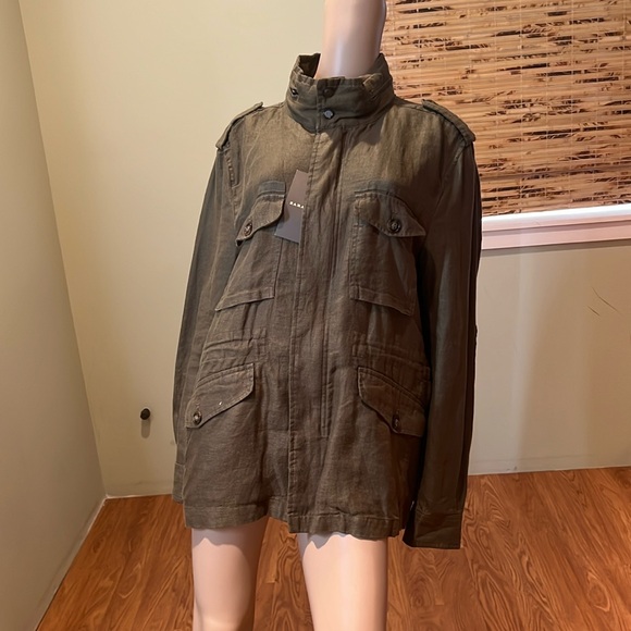 Zara Olive Green Linen Utility Jacket With Hood That Zips In Collar Size XXL